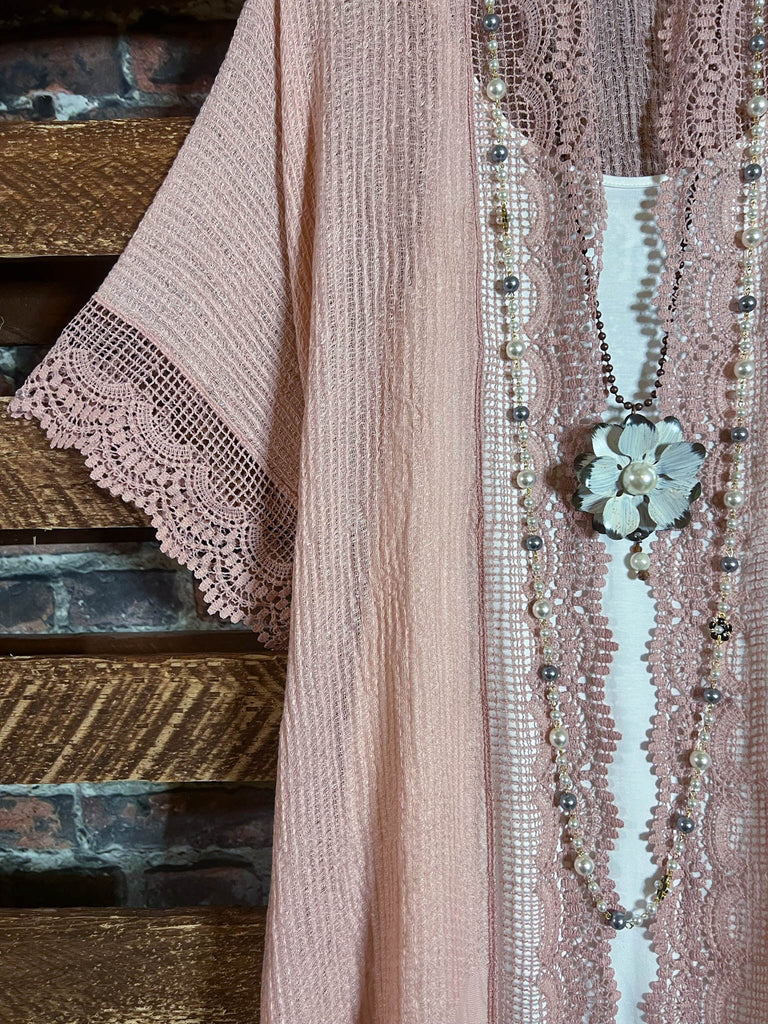 MATTERS OF THE HEART LACE CARDIGAN KIMONO IN VINTAGE ROSE