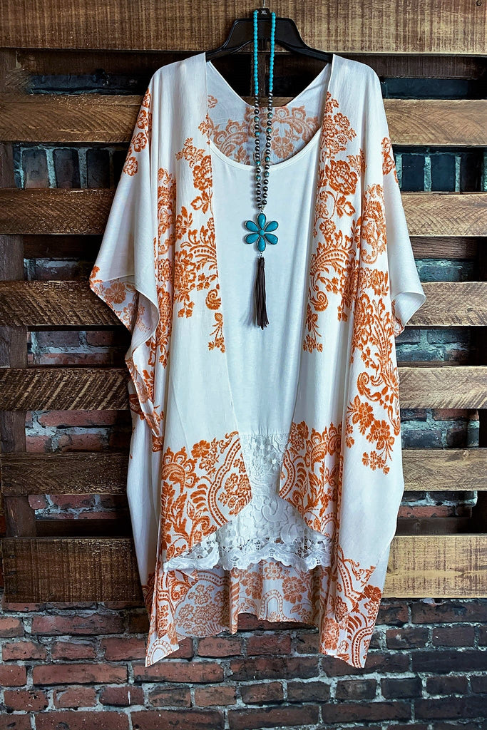 OCEAN OF LOVE PRETTY PRINT KIMONO IN IVORY & RUST----------SALE