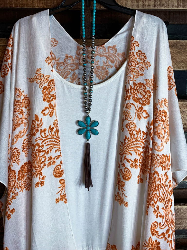 OCEAN OF LOVE PRETTY PRINT KIMONO IN IVORY & RUST----------SALE