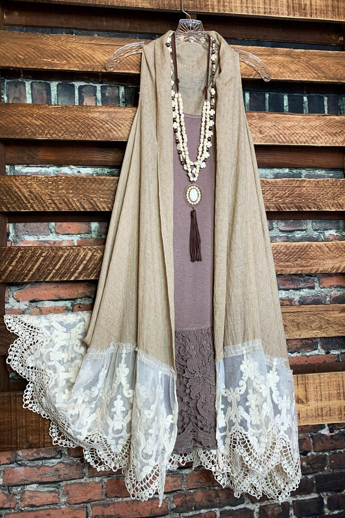 VINTAGE BEAUTY LACE LONG VEST IN TAUPE