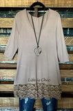 WHEREVER YOU GO LACE PRETTY T-SHIRT TUNIC V NECK IN TAUPE 6-12--------------sale