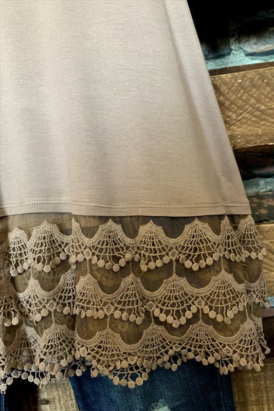 WHEREVER YOU GO LACE PRETTY T-SHIRT TUNIC V NECK IN TAUPE 6-12--------------sale