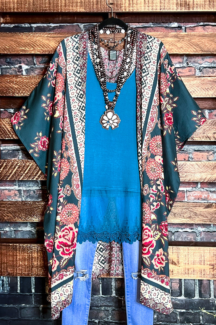 3x-4x SIZES - BEYOND BEAUTY OLIVE FLORAL OVERSIZED KIMONO--------SALE