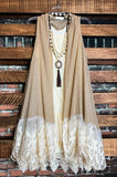 VINTAGE BEAUTY LACE LONG VEST IN TAUPE
