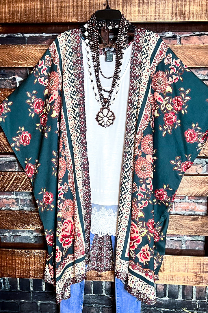 3x-4x SIZES - BEYOND BEAUTY OLIVE FLORAL OVERSIZED KIMONO--------SALE