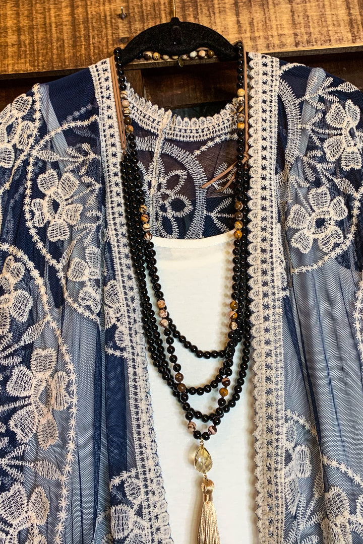 LIVING ON LOVE NAVY LACE EMBROIDERED CARDIGAN