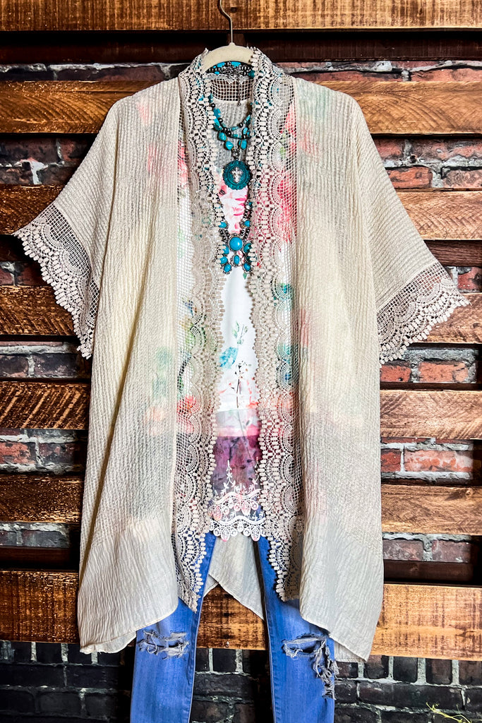 MATTERS OF THE HEART LACE CARDIGAN KIMONO IN VINTAGE IVORY