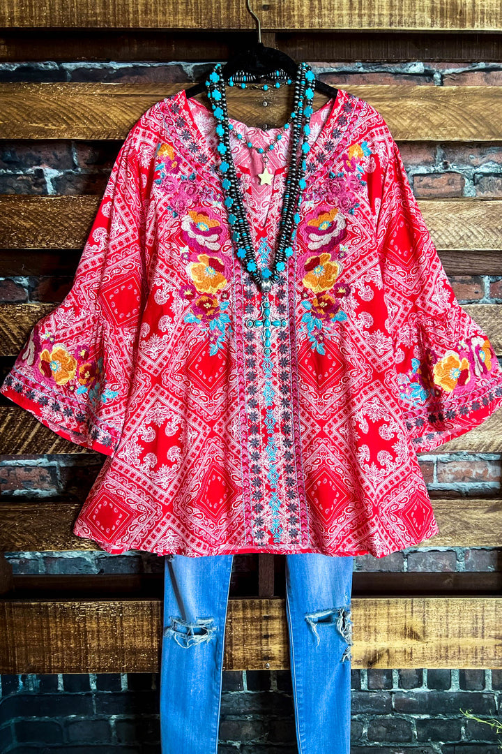 Bright Sunshiny Day Boho Red Embroidered Top
