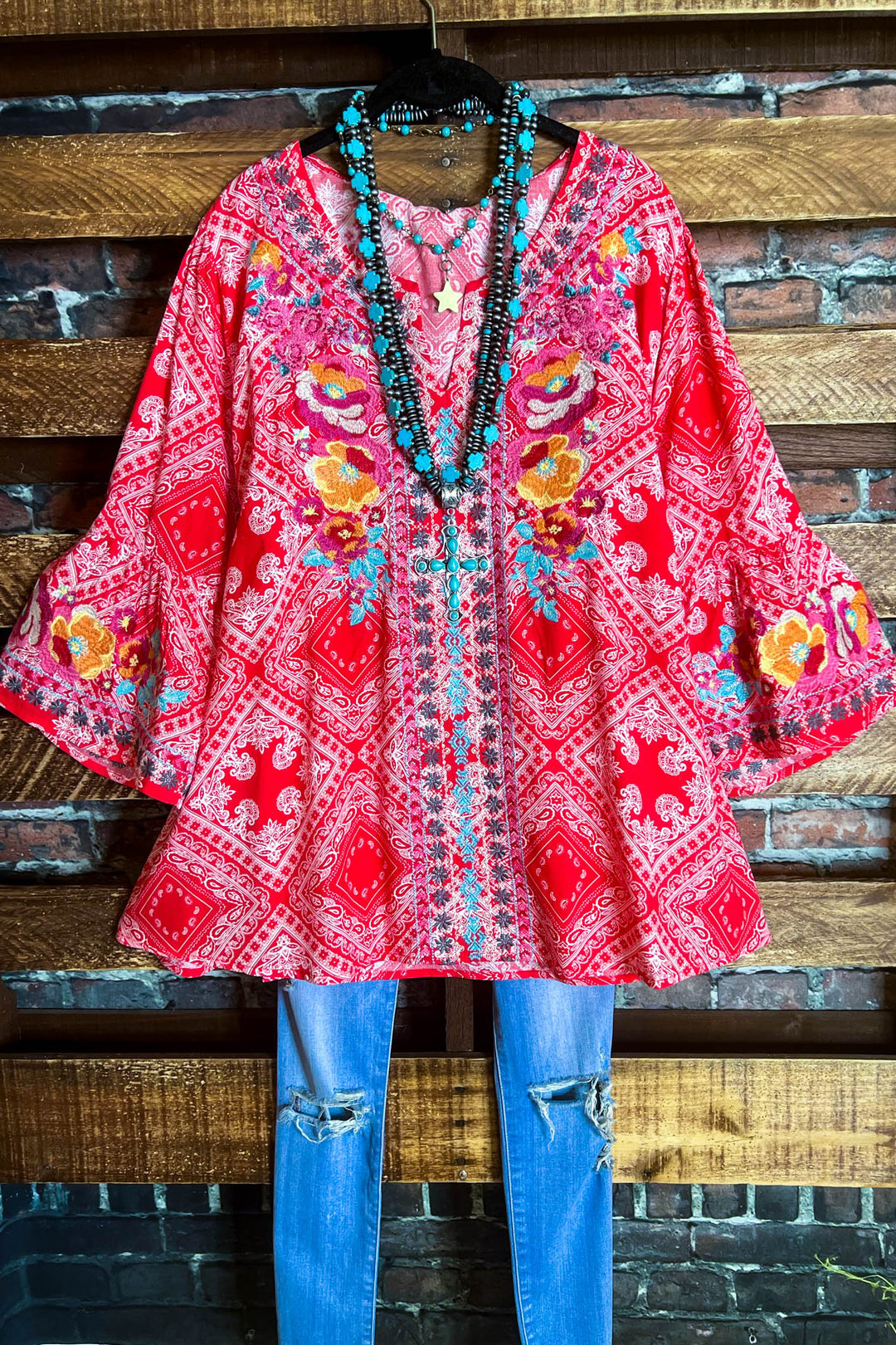 Bright Sunshiny Day Boho Red Embroidered Top