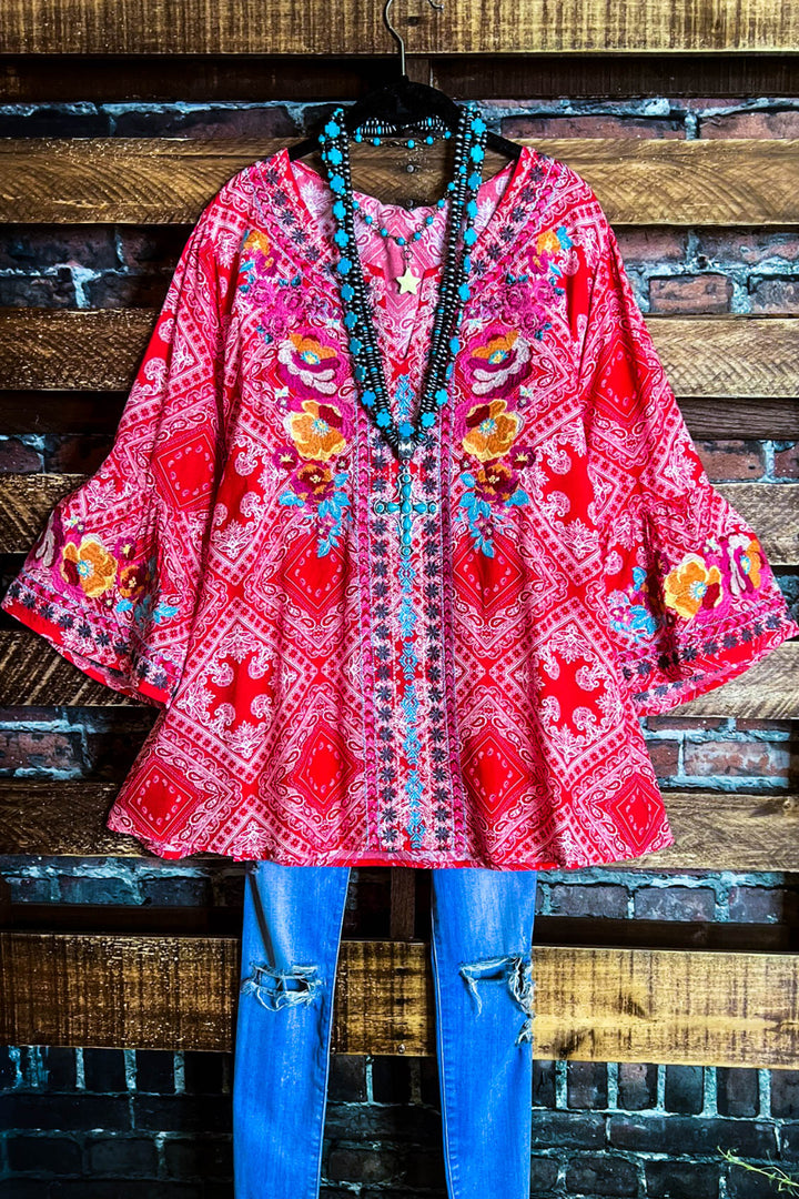 Bright Sunshiny Day Boho Red Embroidered Top