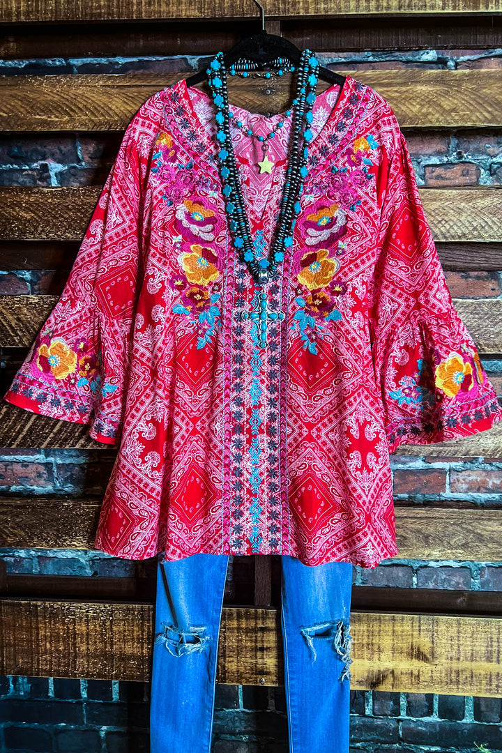 Bright Sunshiny Day Boho Red Embroidered Top