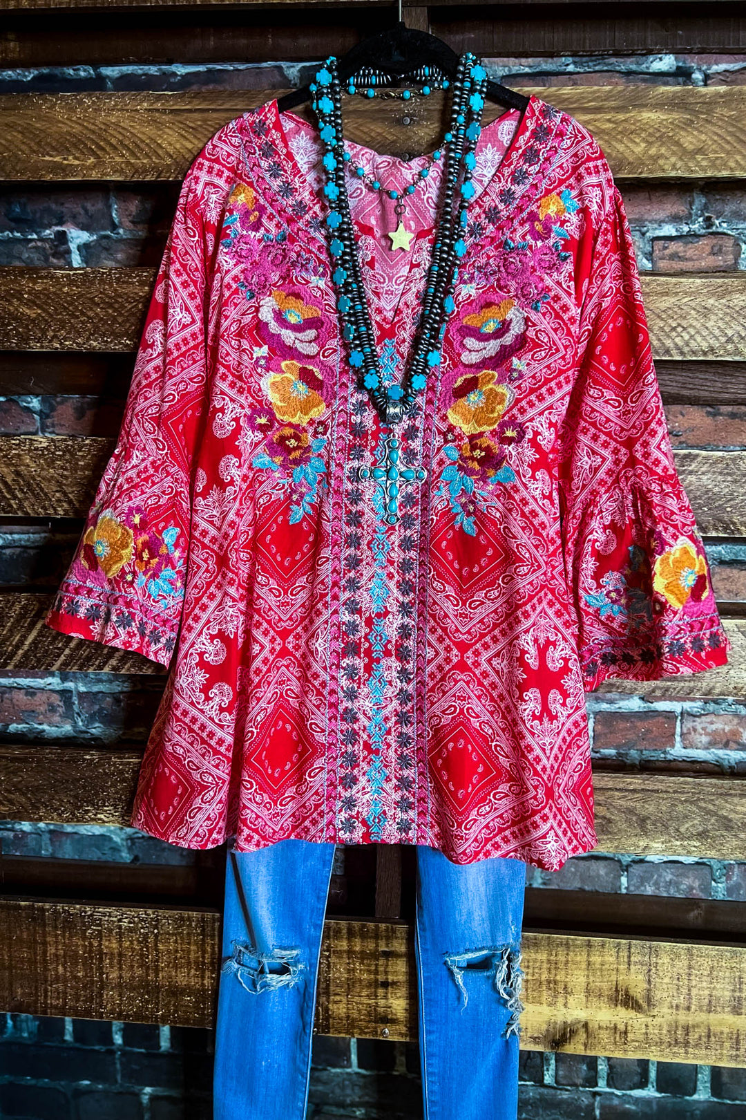 Bright Sunshiny Day Boho Red Embroidered Top