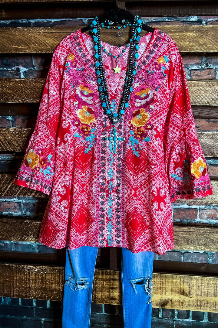 Bright Sunshiny Day Boho Red Embroidered Top