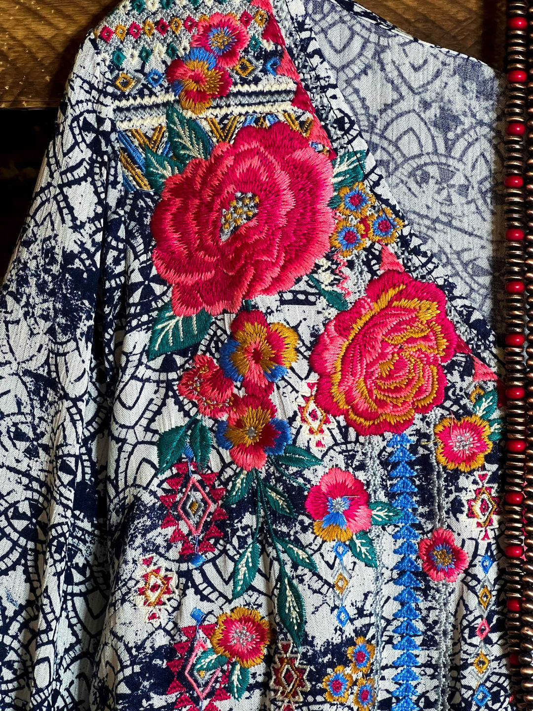 MORNING MUSE NAVY PRINT & IVORY EMBROIDERED TOP