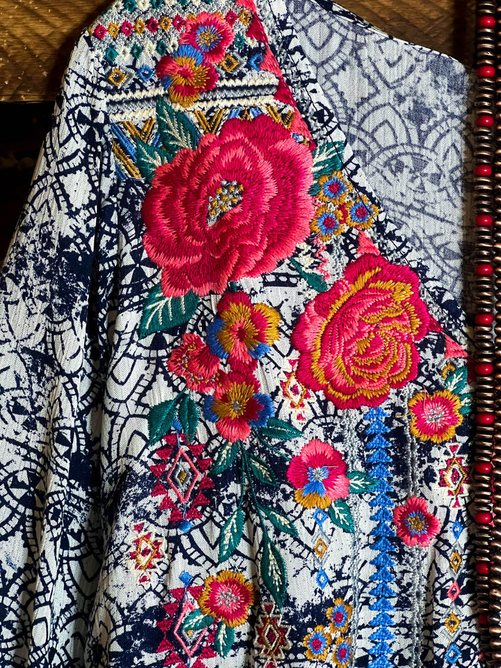 MORNING MUSE NAVY PRINT & IVORY EMBROIDERED TOP