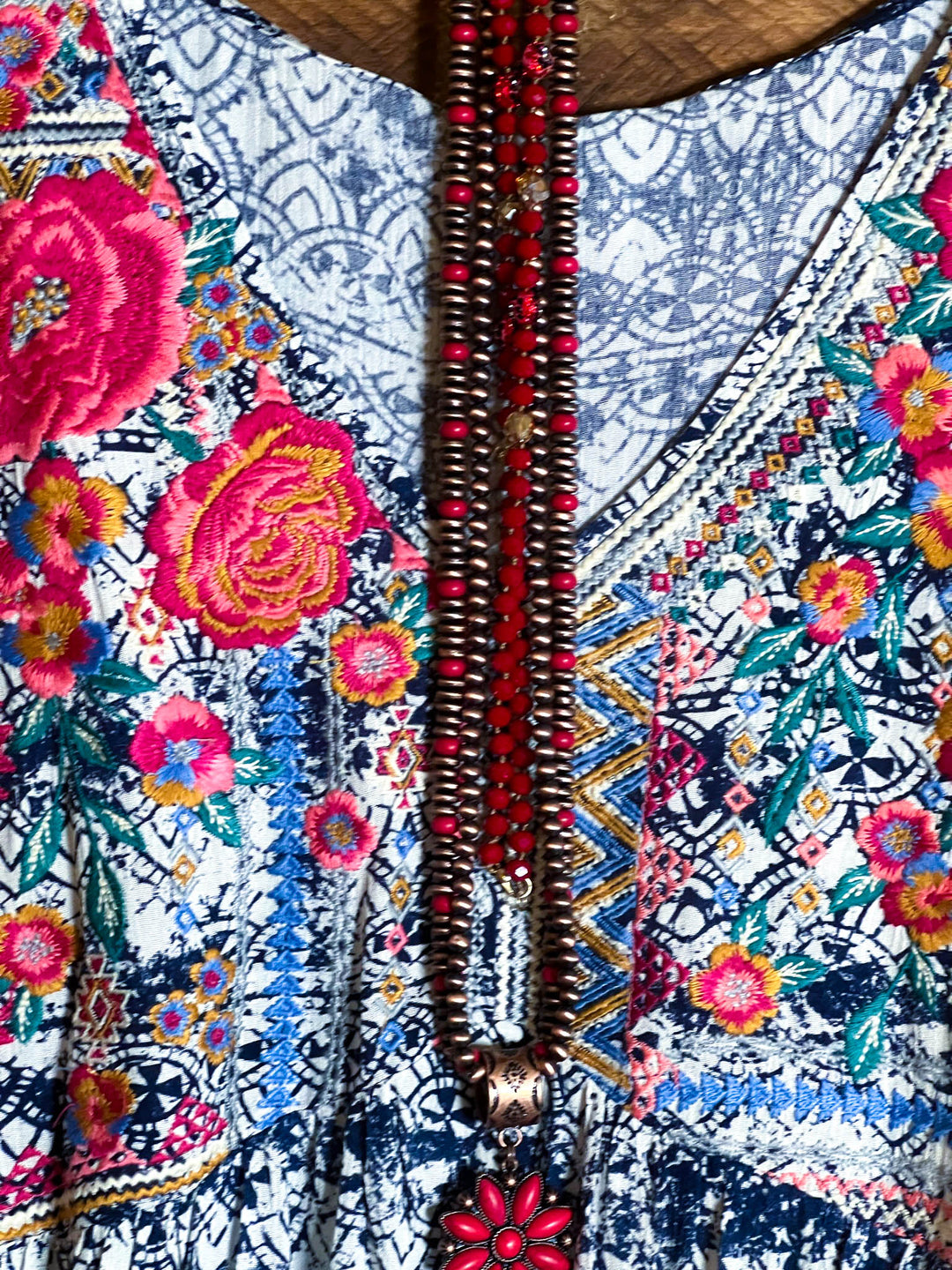 MORNING MUSE NAVY PRINT & IVORY EMBROIDERED TOP