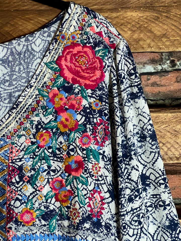 MORNING MUSE NAVY PRINT & IVORY EMBROIDERED TOP