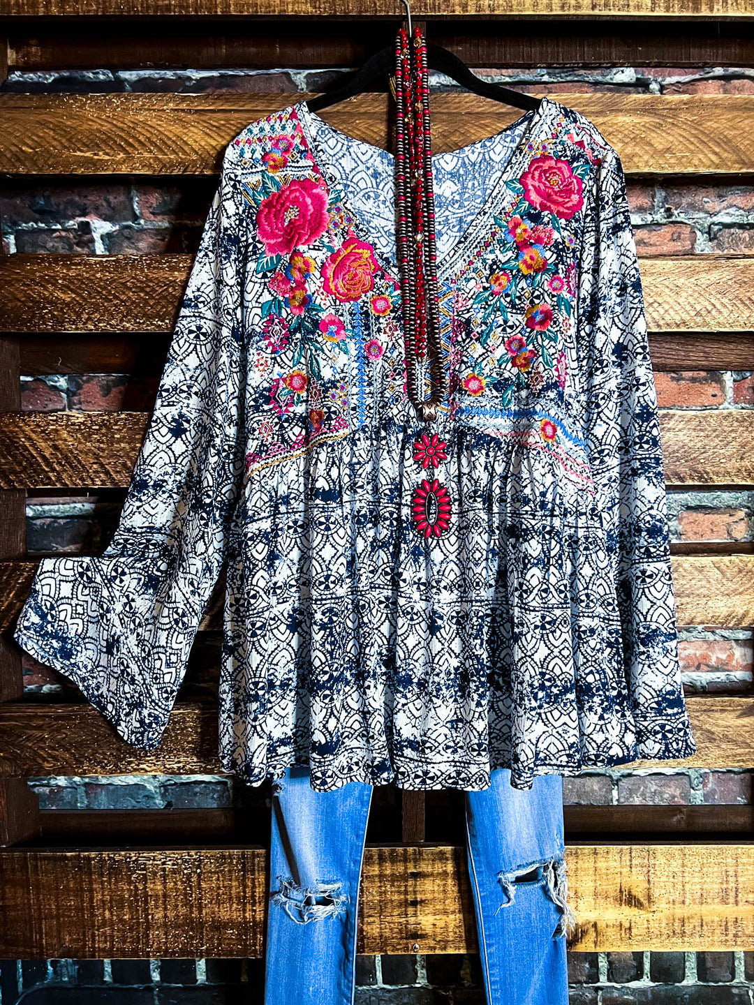 MORNING MUSE NAVY PRINT & IVORY EMBROIDERED TOP