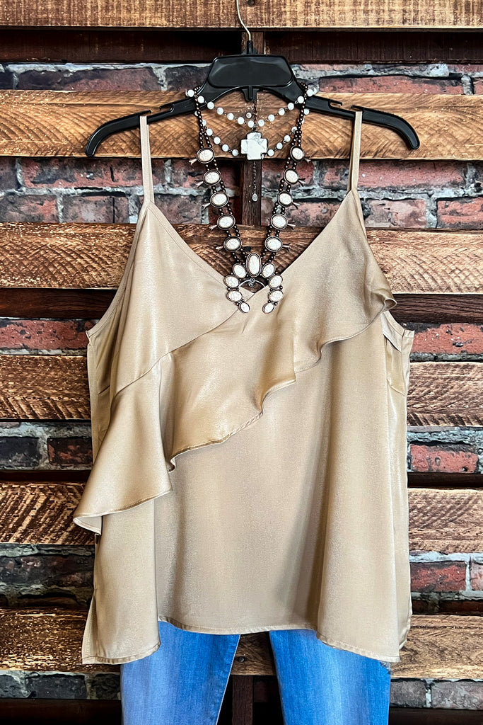 MY SWEET LOVE STYLISH SATIN TOP IN TAUPE