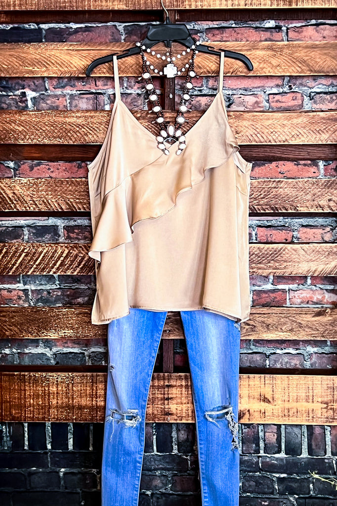 MY SWEET LOVE STYLISH SATIN TOP IN TAUPE