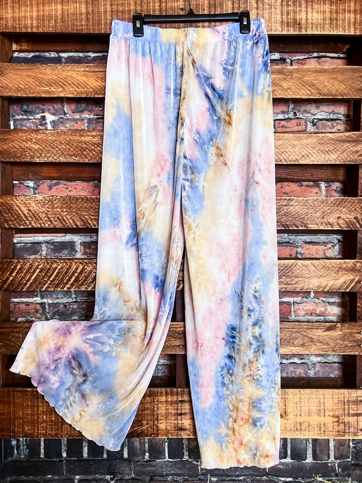 1X-3X SIZE -PLUS SIZE TIE DYE BLUE & PINK PLEATED WIDE PANTS --------- SALE