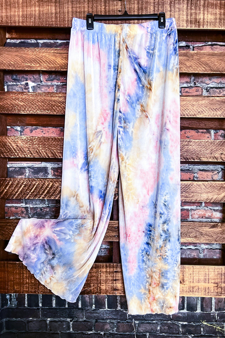 1X-3X SIZE -PLUS SIZE TIE DYE BLUE & PINK PLEATED WIDE PANTS --------- SALE