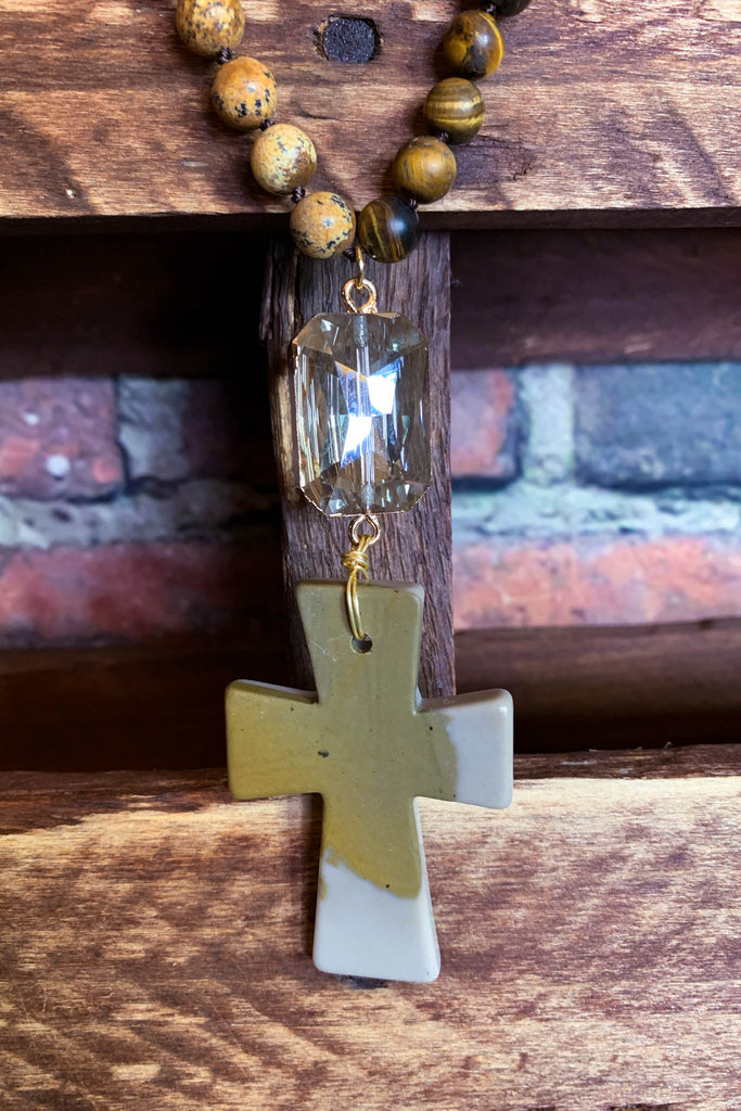 NATURAL STONE & CRYSTAL LONG CROSS NECKLACE