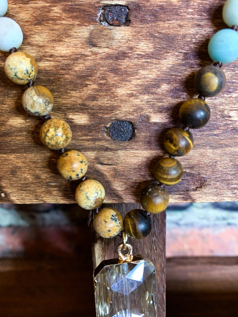 NATURAL STONE & CRYSTAL LONG CROSS NECKLACE