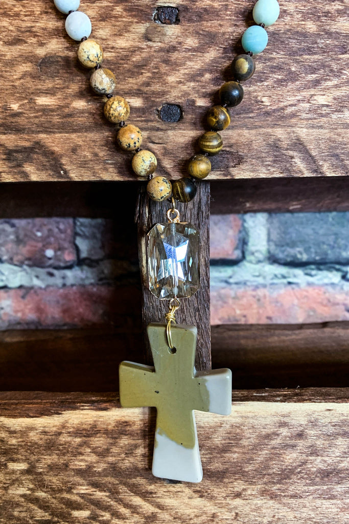 NATURAL STONE & CRYSTAL LONG CROSS NECKLACE