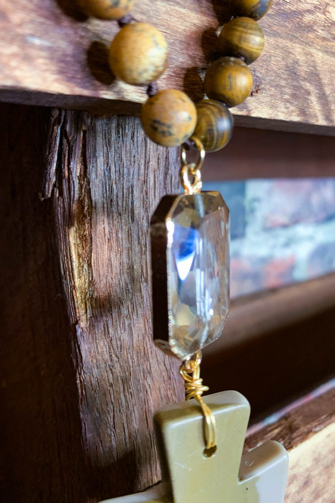 NATURAL STONE & CRYSTAL LONG CROSS NECKLACE