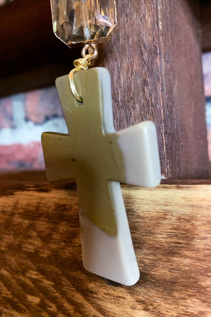 NATURAL STONE & CRYSTAL LONG CROSS NECKLACE