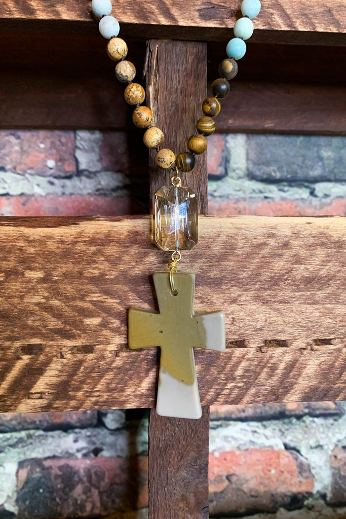 NATURAL STONE & CRYSTAL LONG CROSS NECKLACE