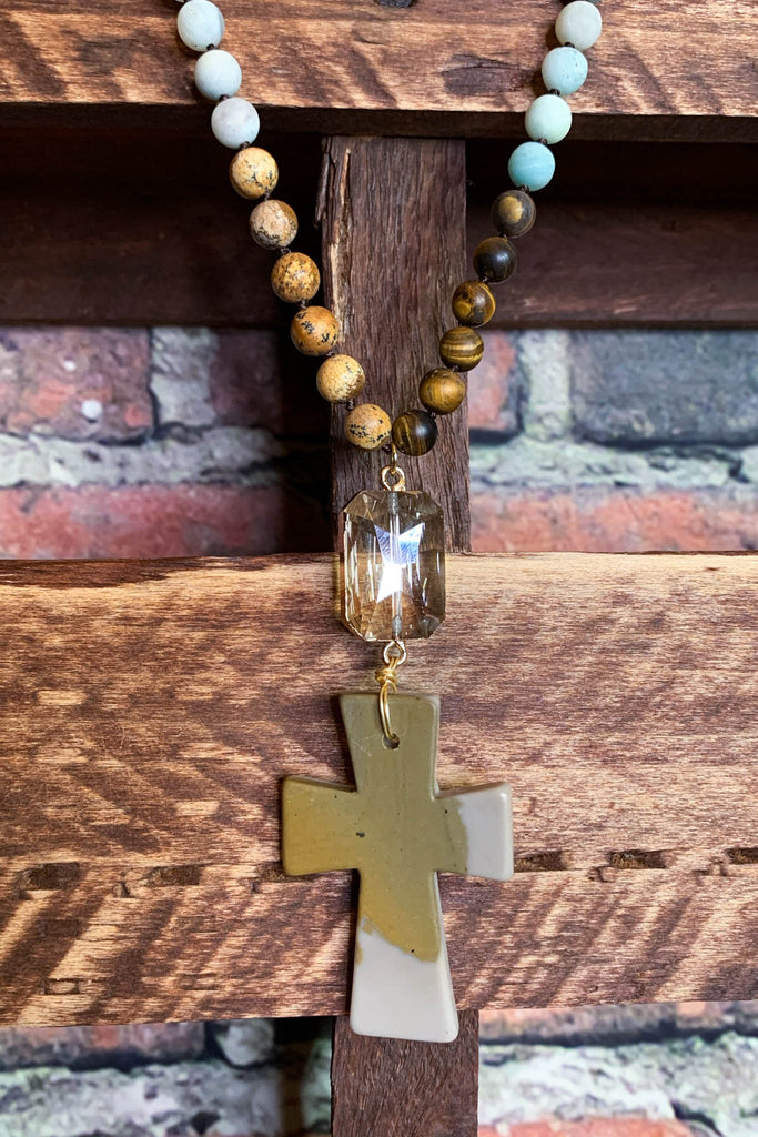 NATURAL STONE & CRYSTAL LONG CROSS NECKLACE