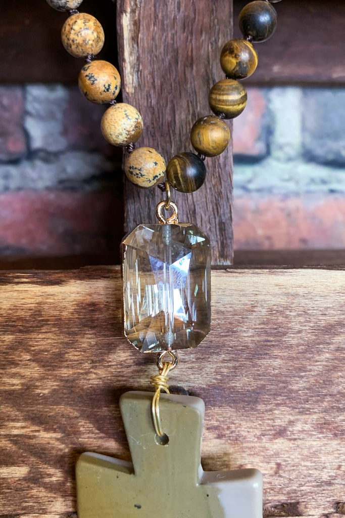NATURAL STONE & CRYSTAL LONG CROSS NECKLACE