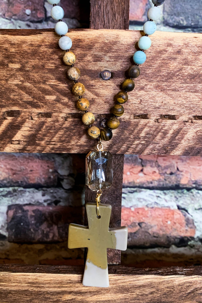 NATURAL STONE & CRYSTAL LONG CROSS NECKLACE