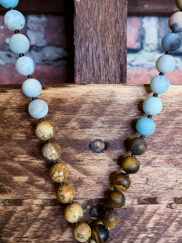 NATURAL STONE & CRYSTAL LONG CROSS NECKLACE