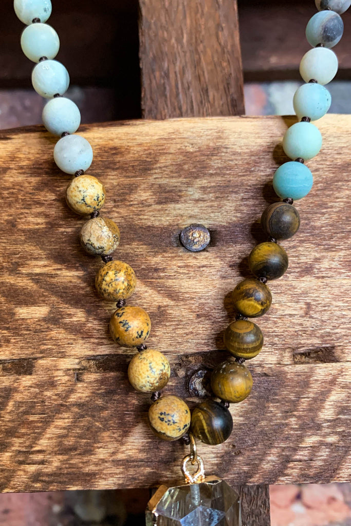 NATURAL STONE & CRYSTAL LONG CROSS NECKLACE