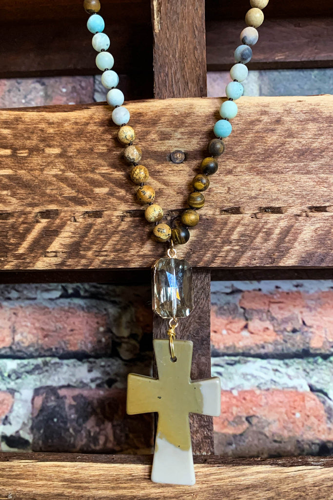 NATURAL STONE & CRYSTAL LONG CROSS NECKLACE