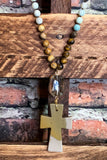 NATURAL STONE & CRYSTAL LONG CROSS NECKLACE