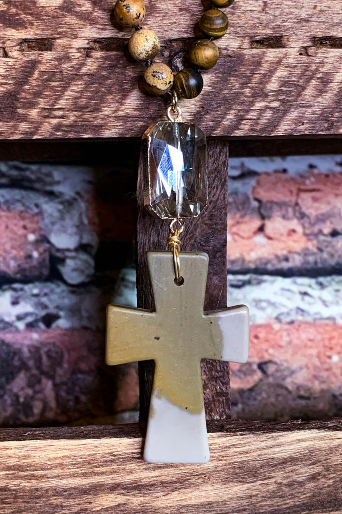 NATURAL STONE & CRYSTAL LONG CROSS NECKLACE