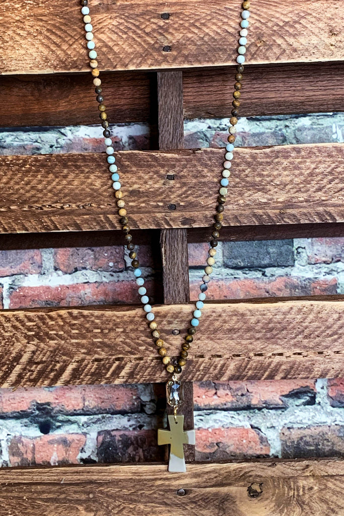 NATURAL STONE & CRYSTAL LONG CROSS NECKLACE