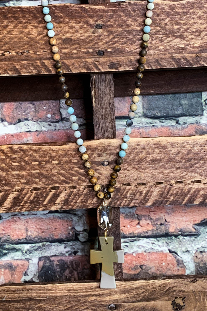 NATURAL STONE & CRYSTAL LONG CROSS NECKLACE