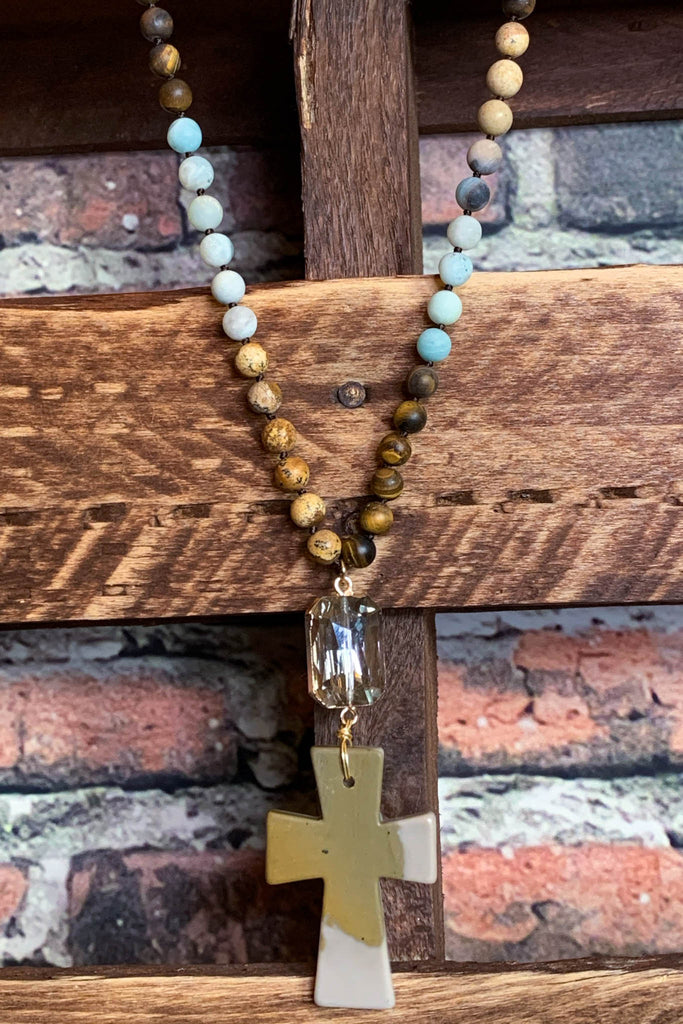 NATURAL STONE & CRYSTAL LONG CROSS NECKLACE