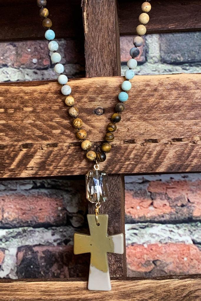 NATURAL STONE & CRYSTAL LONG CROSS NECKLACE