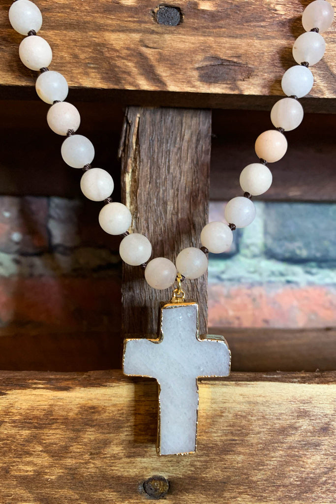 NATURAL STONE BEADED & CRYSTAL CROSS NECKLACE IN BLUSH & IVORY TONES