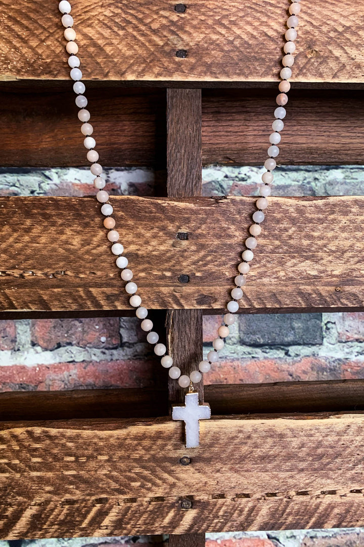 Blush Tones Cross Necklace Natural Stone