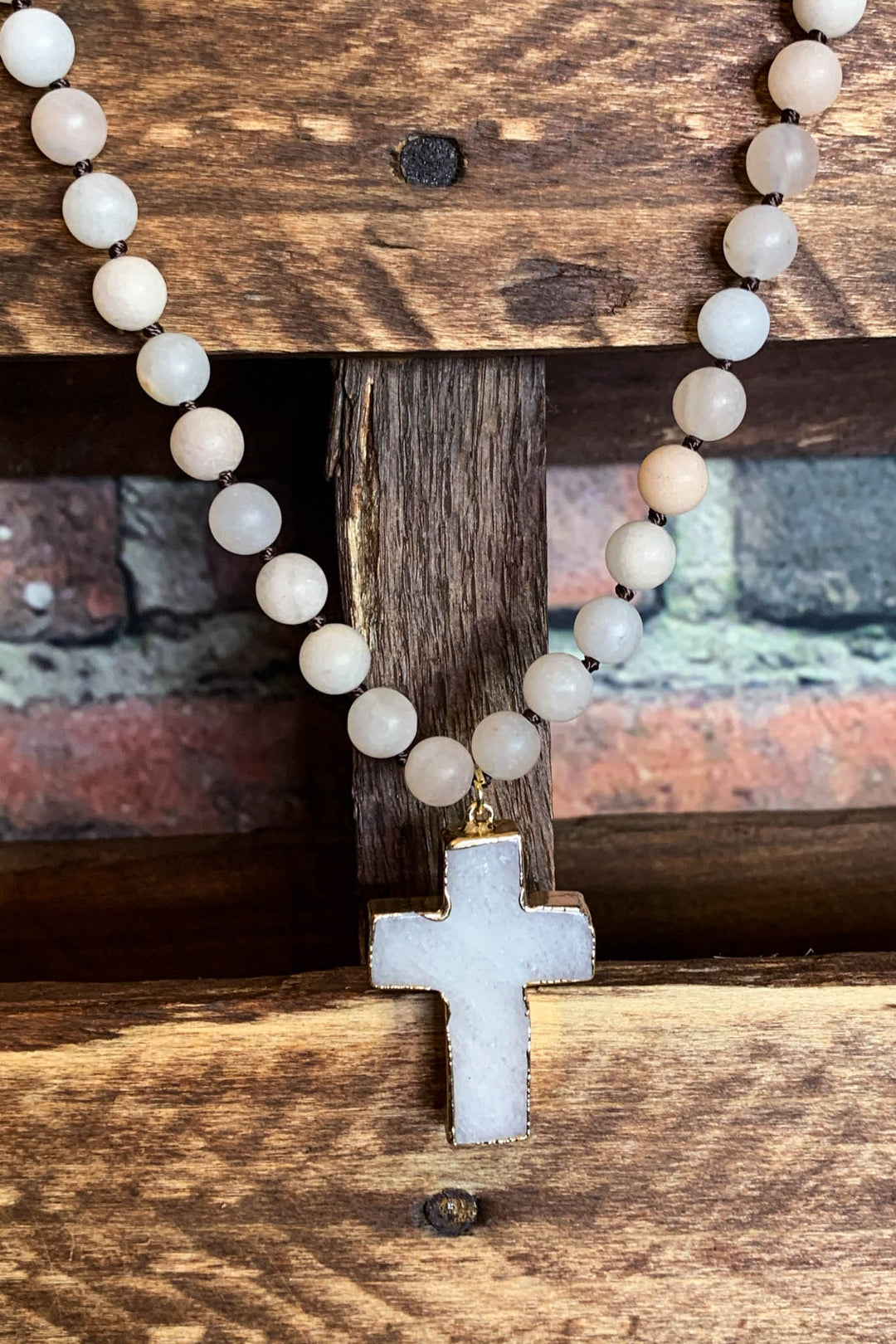 Blush Tones Cross Necklace Natural Stone