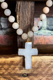 NATURAL STONE BEADED & CRYSTAL CROSS NECKLACE IN BLUSH & IVORY TONES
