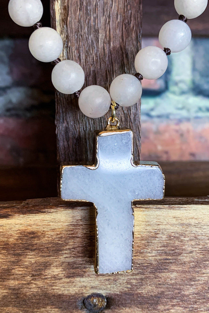 Blush Tones Cross Necklace Natural Stone