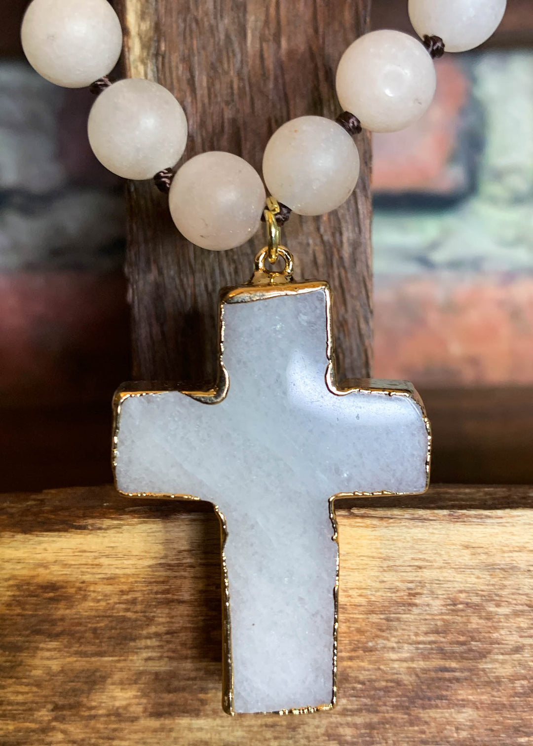 Blush Tones Cross Necklace Natural Stone